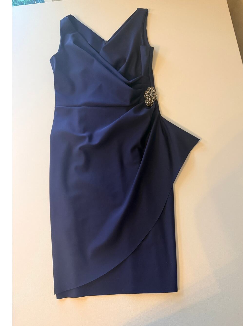 Alex Evenings 134005 Navy Blue Ruched Sheath Cocktail Dress Womens 8 Beaded